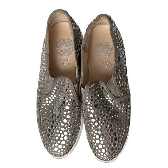 Vince Camuto Silver Studded Kindra Beige Leather Slip On Platform Sneakers - Picture 1 of 8